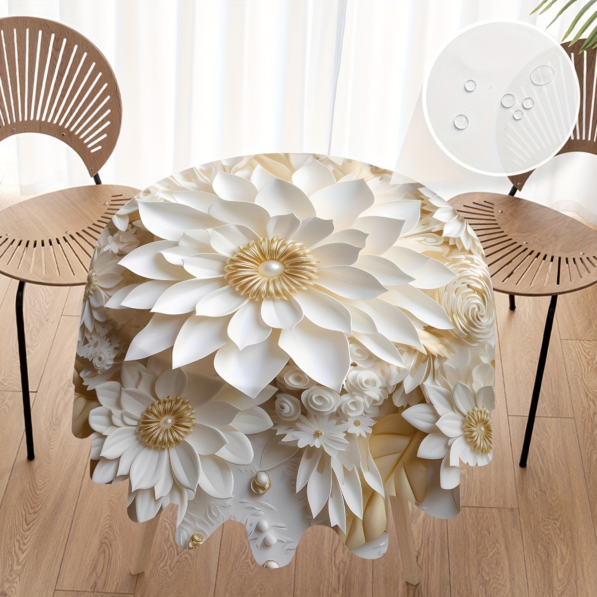 

Elegant Golden & Jade Floral Round Tablecloth - Stain & Waterproof, Perfect For Parties, Home Kitchens, Banquets & Patios