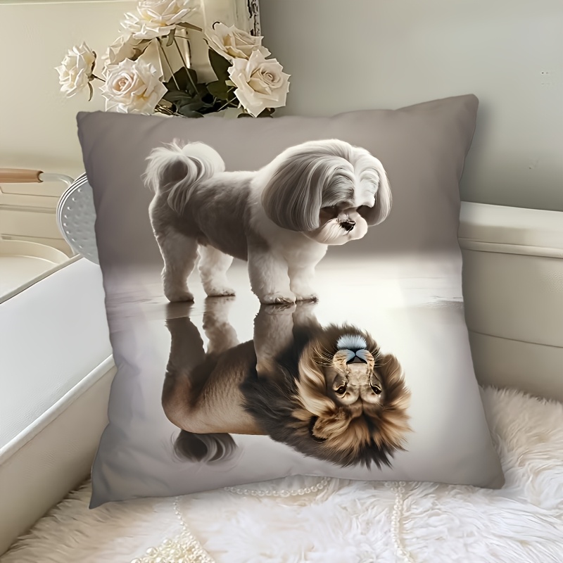 TEMU A Decorative Pillow Cover Featuring A Shih Tzu And A Lion With Reflective Magic, Double-sided Print, 18Ã18 Inches, Suitable For Sofa, Room, And