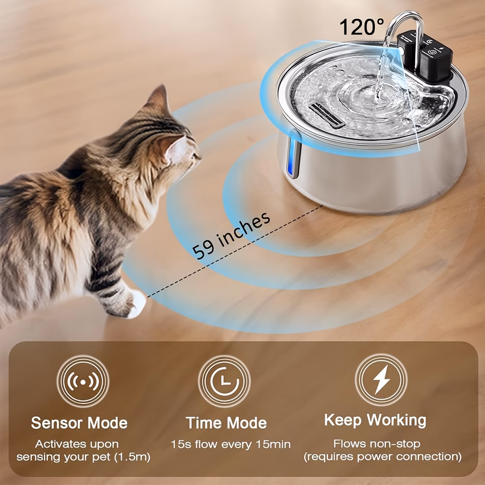 4 operated stainless steel pet water fountain indoor automatic pet water dispenser with built sensor usb rechargeable water bowl for support battery and usb power supply adapter not included Product details 3