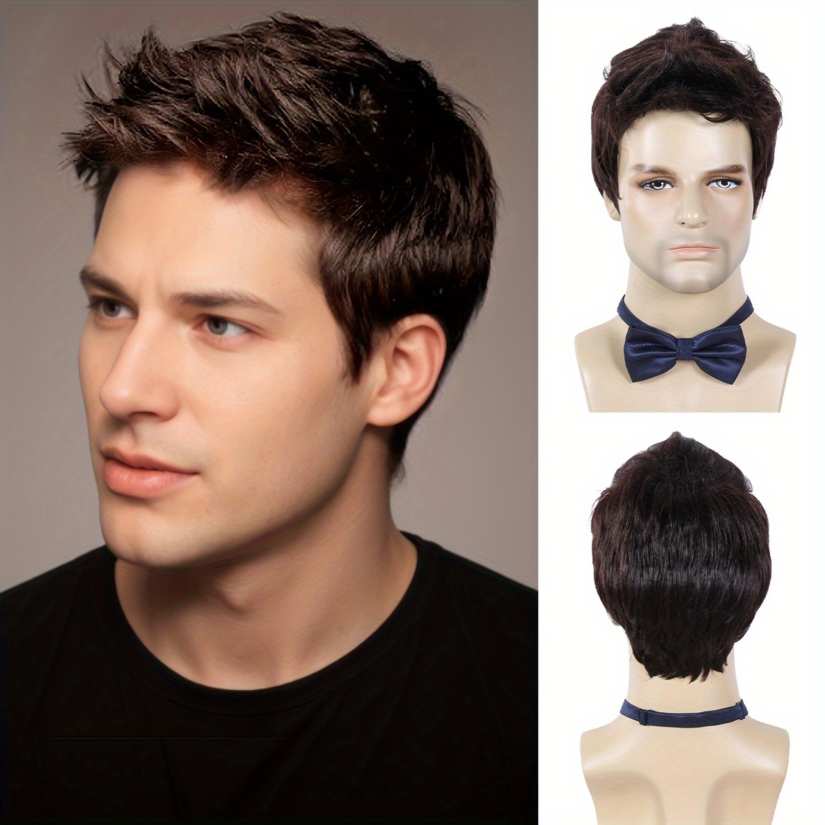 

Men's Brown Synthetic Fiber Wig, Short Straight Hair, 130% Density, Cap, Wear, Role Play, Fiber,