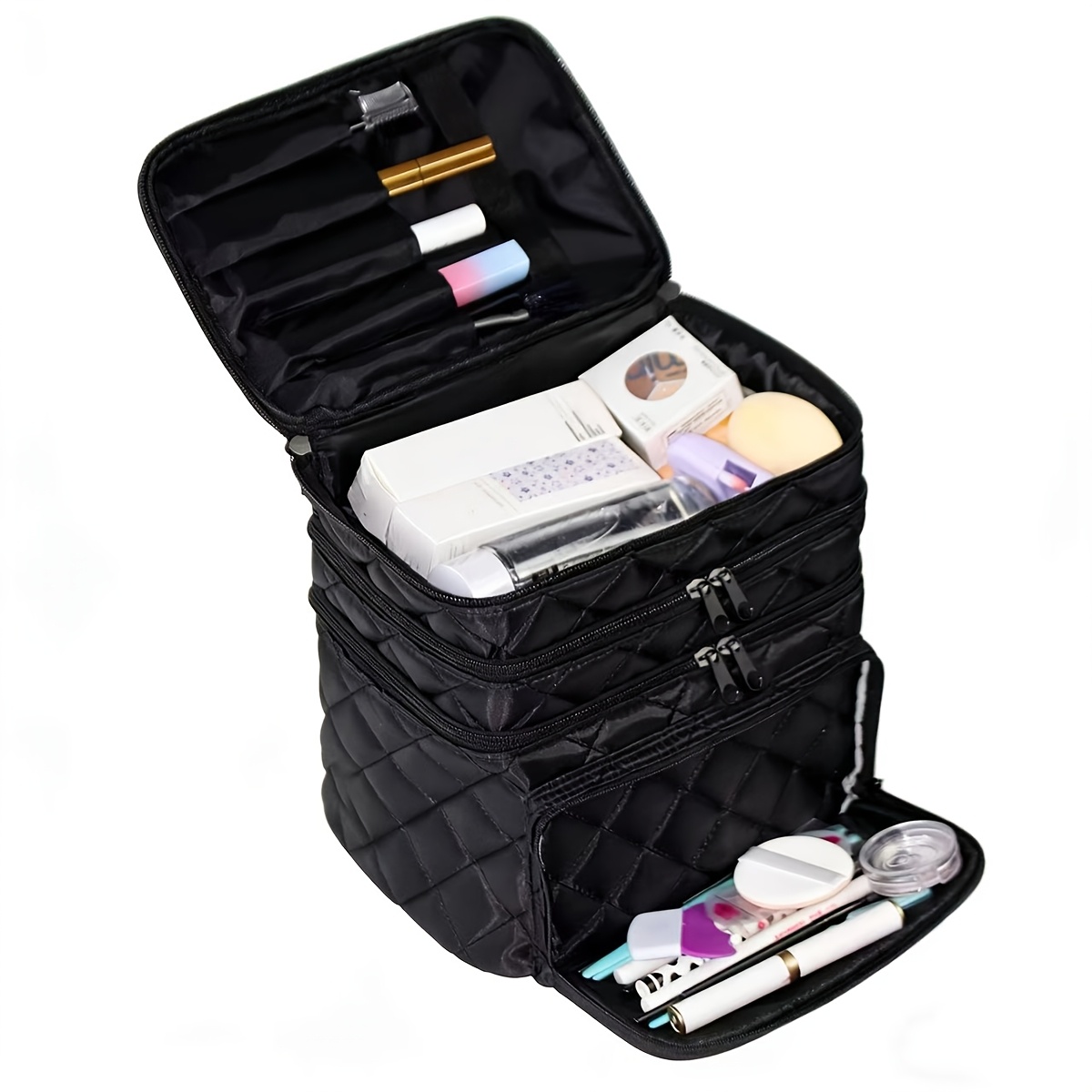 E-shop Große gesteppte Make-up-Tasche mit Griff und Reißverschluss - Multifunktionaler 3-stöckiger Reise-Kosmetik-Organizer, tragbare