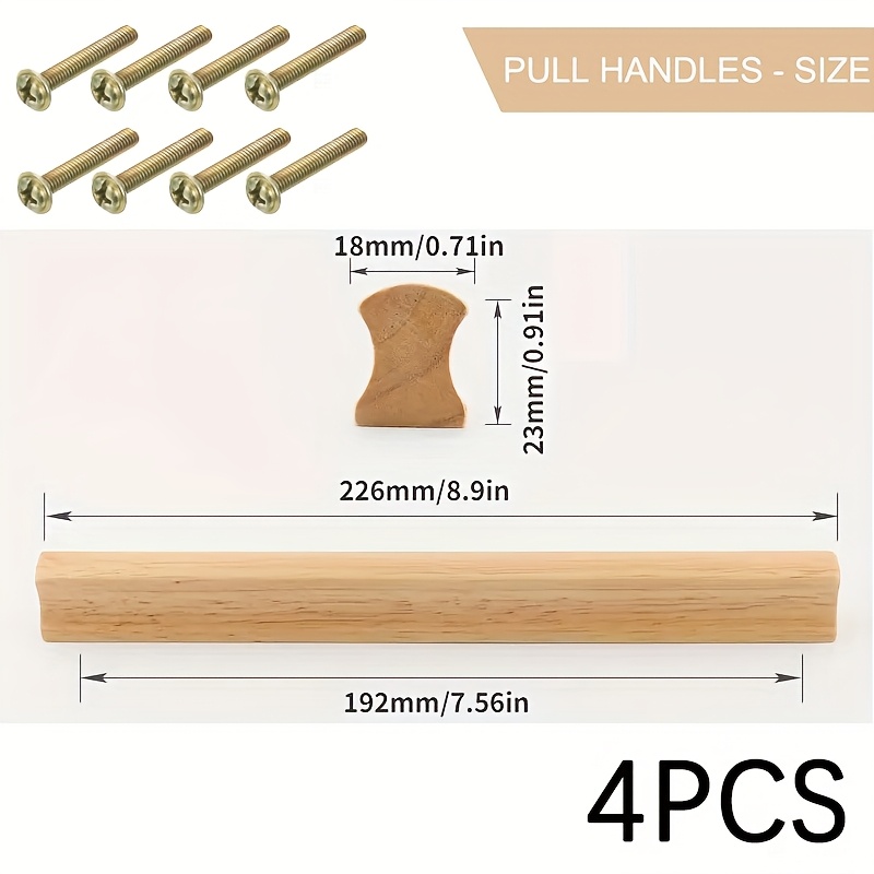 Image of 4-pack Wood Cabinet Handles, Straight Drawer Pulls With Mounting Screws, Furniture Handles For Kitchen Cabinets, Wardrobes, Dressers, Drawers, And Cupboards