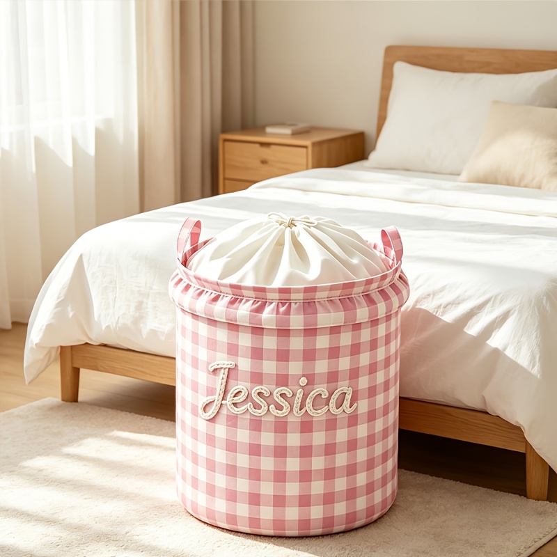 Custom Text Storage Basket - Plaid Laundry Hamper