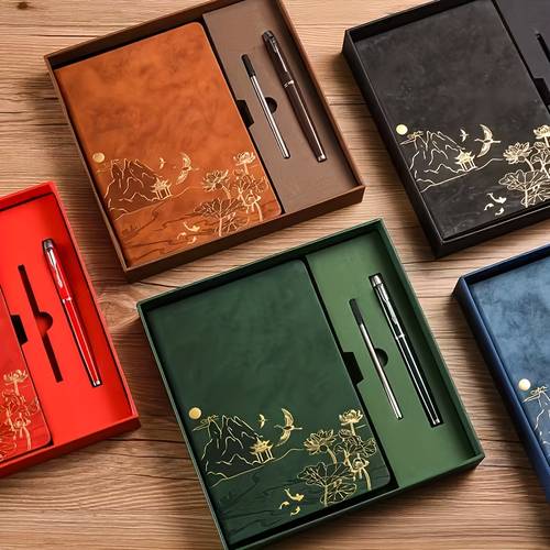 3pcs retro creative notebook with 2 golden pens a5 size pu material cover technology exquisite high end office business diary set the for gifts