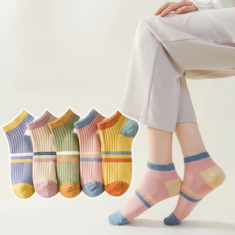 

5 Pairs Women's Ankle Socks, Striped Low Cut No Show, Comfortable Casual Thin Socks For All Seasons, Assorted Colors
