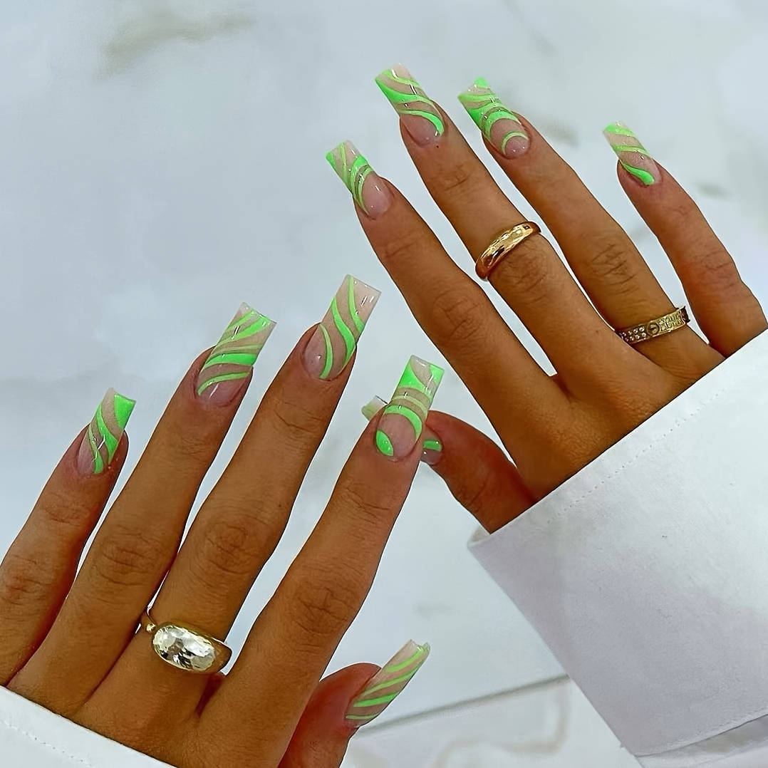 

Ensemble de ongles verts brillants de longueur moyenne en de carré à rayures - Ensemble de pointes d'ongles fausses vert fluorescent