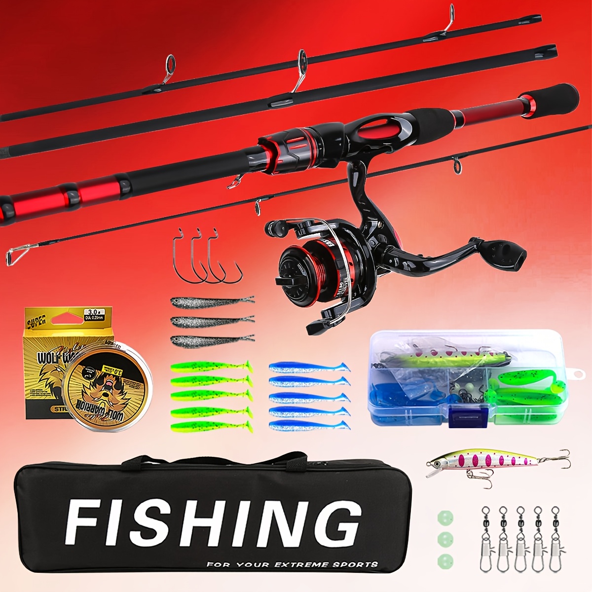 apusale 210 bocaoyuju 3 piece fishing pole black & red Red & Black Spinning Fishing Rod and Reel Combo - Complete Kit with Lures,  Line, Hooks & Tackle Bag