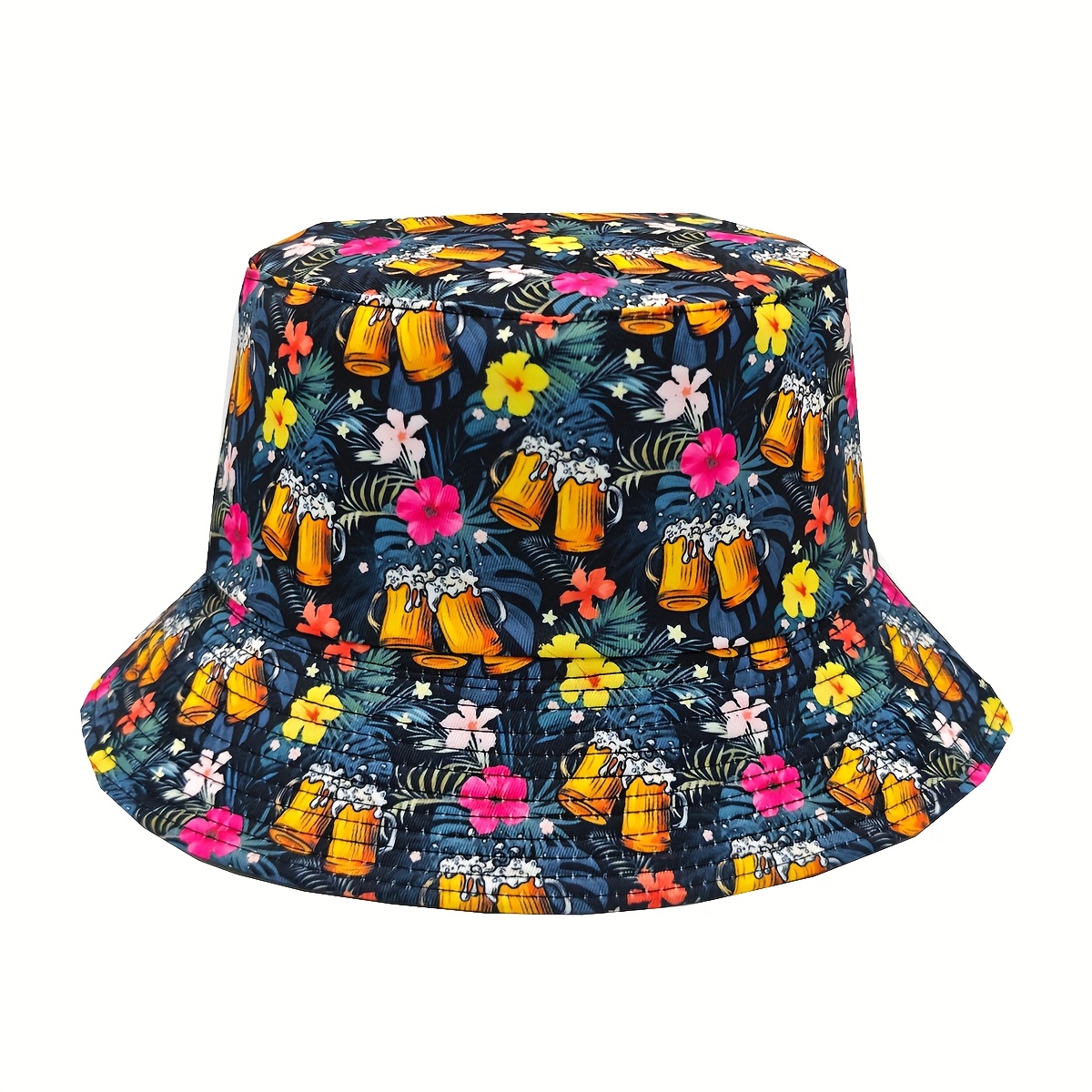 E-shop Frühlings-/Sommer Freizeit-Fischerhut mit Blumen- Biermuster-Druck, Unisex Outdoor-Urlaubs-Fischerhut, doppelseitig
