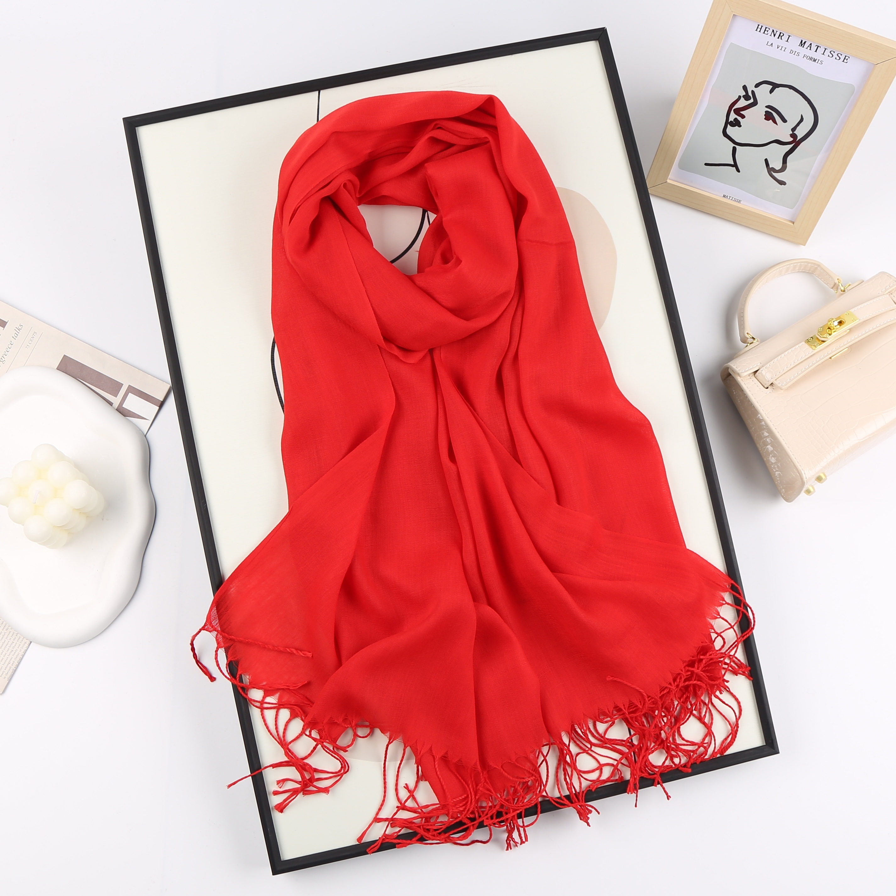 TEMU Elegant Solid Color Sheer Scarf With Tassels, Fashionable Pashmina Shawl For , Travel & Vacation Accessory, Multiple Colors Available Gifts For