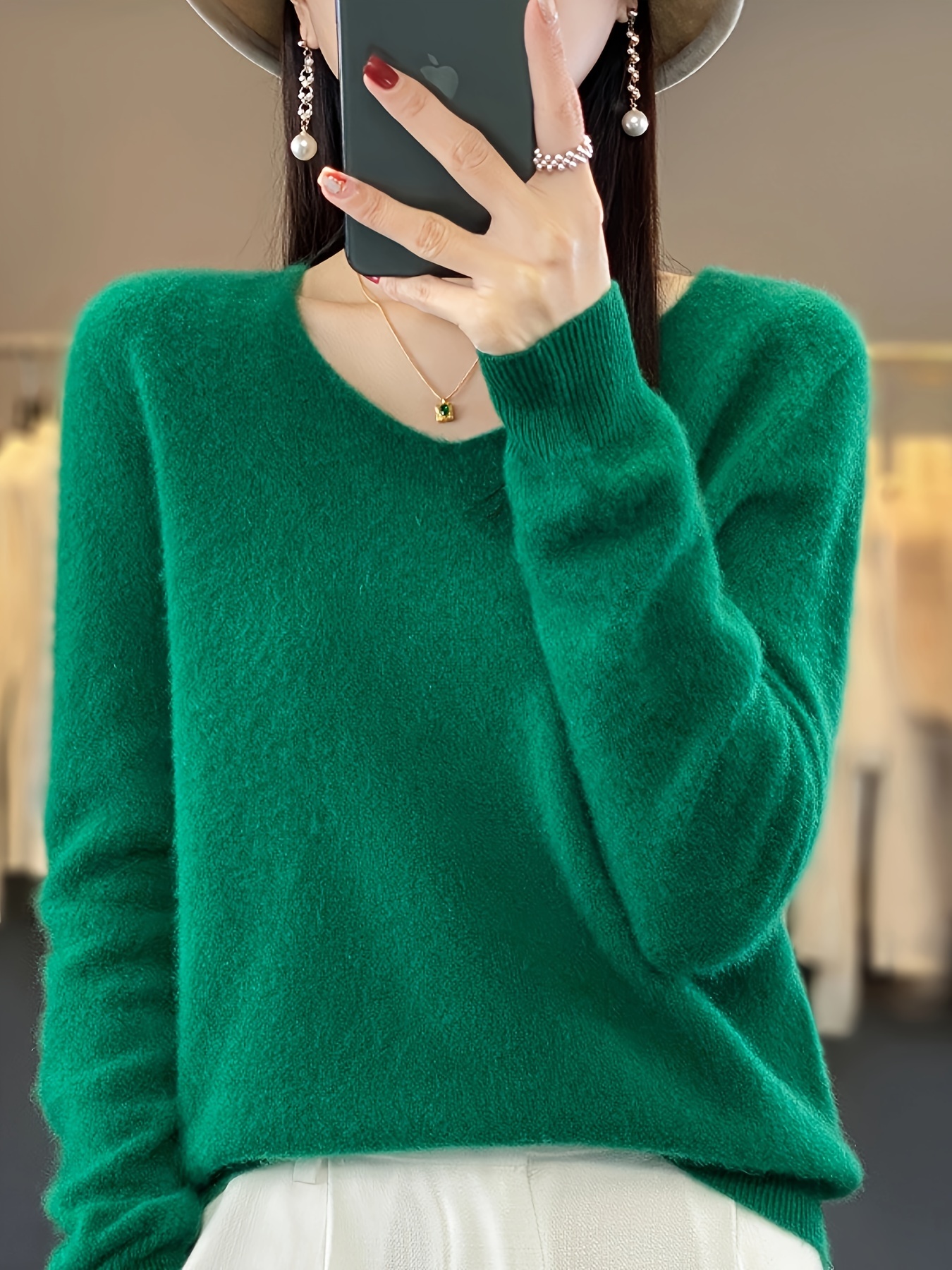 womens 100 wool wool v neck long sleeve pullover sweater soft warm casual winter top solid color hand   clean autumn   sweater   emerald 0