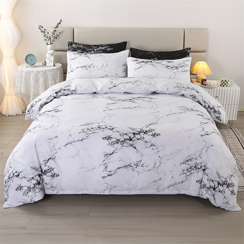 

3pcs Polyester Marble Print Duvet Cover Set (1 Duvet Cover + 2 Pillowcase, No Core Included), Soft And Skin-friendly Comfortable Black And White Marble Bedding Set Suitable For Bedroom, Guest Room