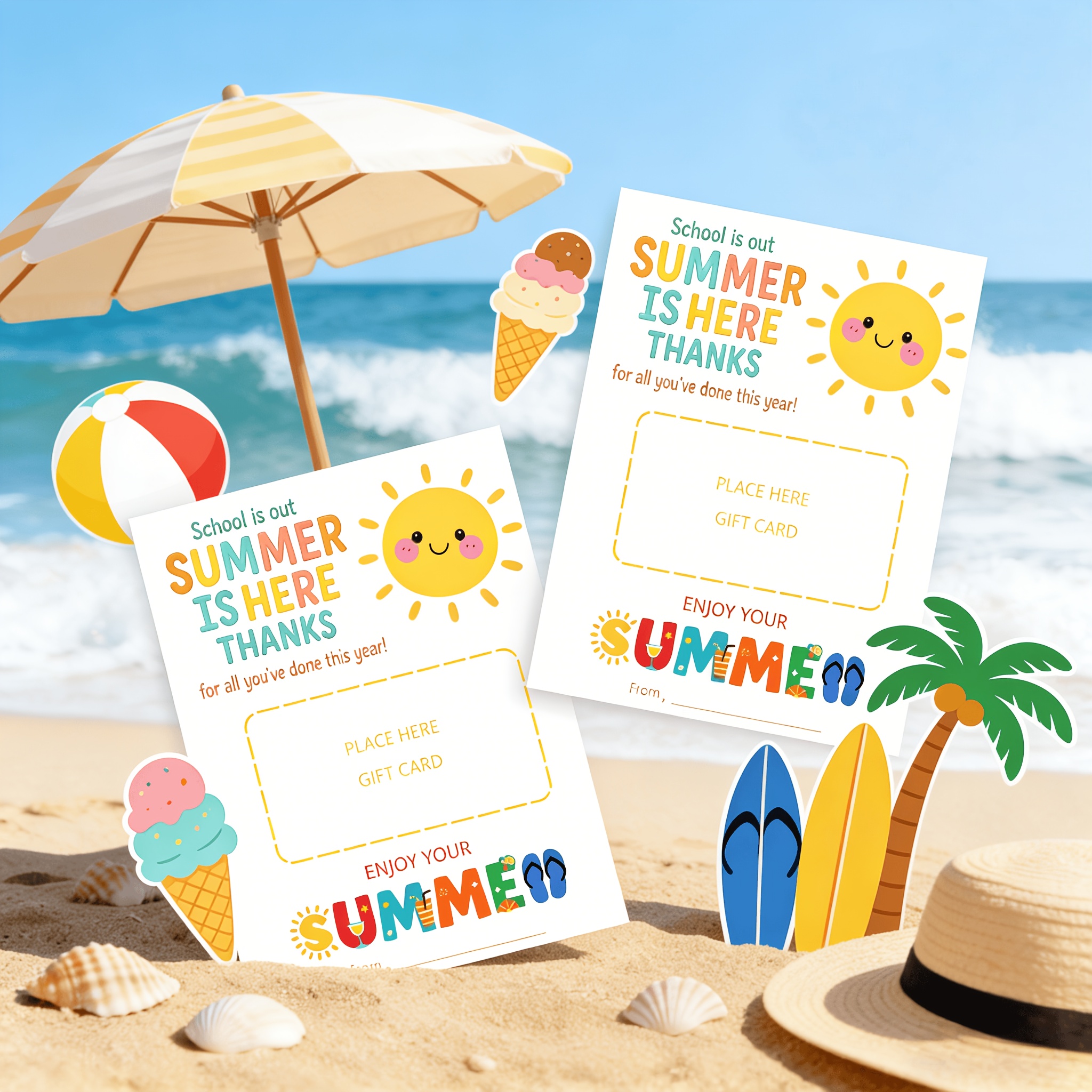 TEMU 8pcs, Summer Thank-you Gift Card Inserts, Featuring A Cute And Design, With The Text "thanks For A Wonderful Year! Enjoy The Summer" And A Gift
