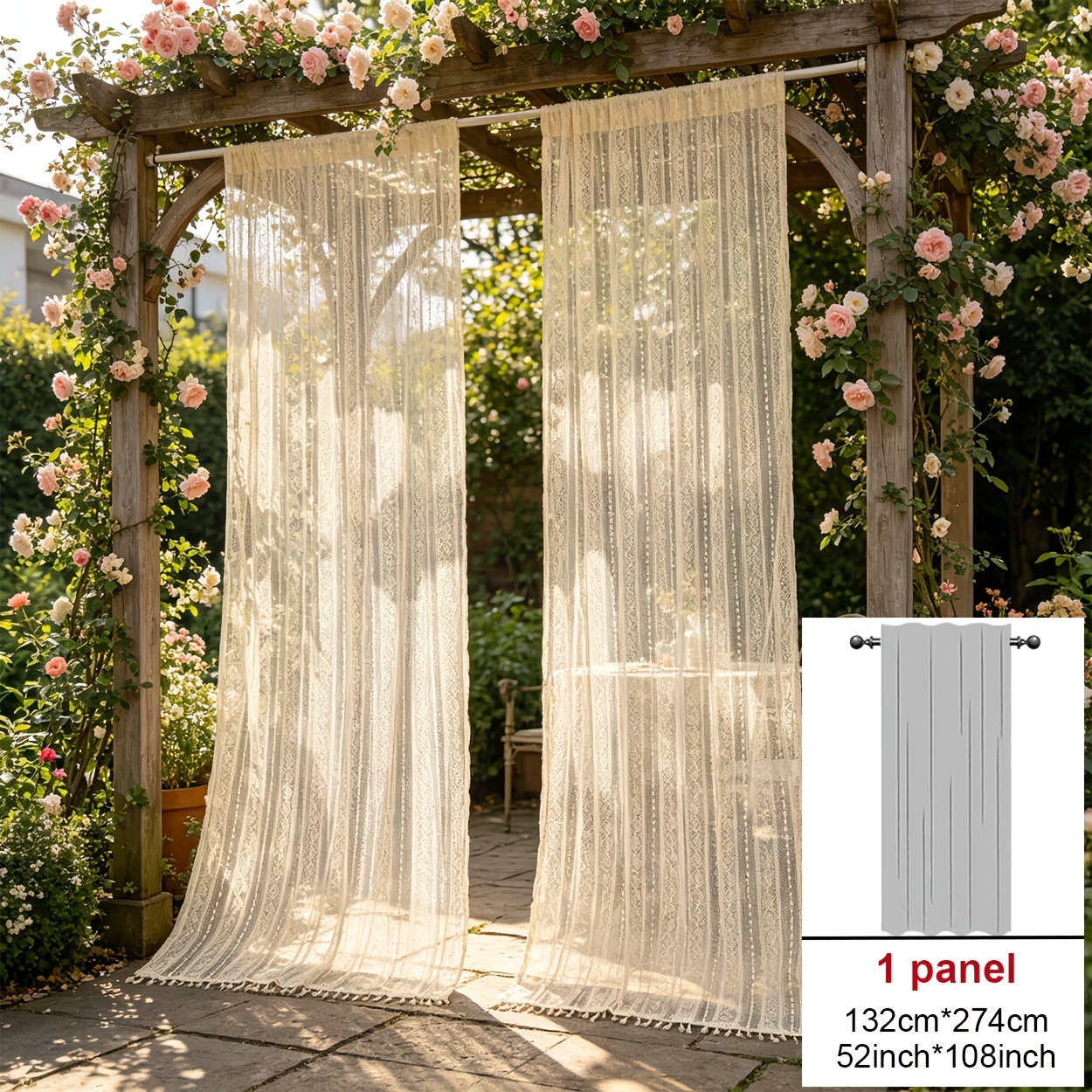 TEMU 1pc Bohemian Hollow-out Sheer Curtain, Lightweight Breathable Fabric With Tassel Lace Top Rod Pocket Hanging, Fashionable Bohemian Style, Light