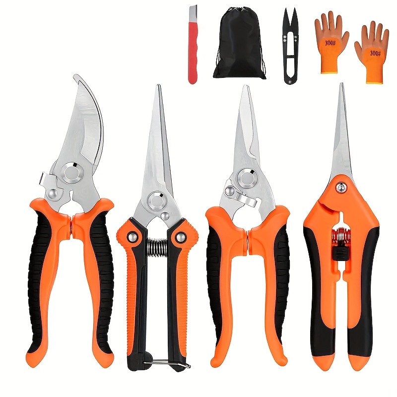 TEMU 5pcs Heavy Duty Garden Pruning Shears Set With Stainless Steel - Handheld Scissors, Bypass & , Includes Ergonomic Orange Handles And Storage Bag