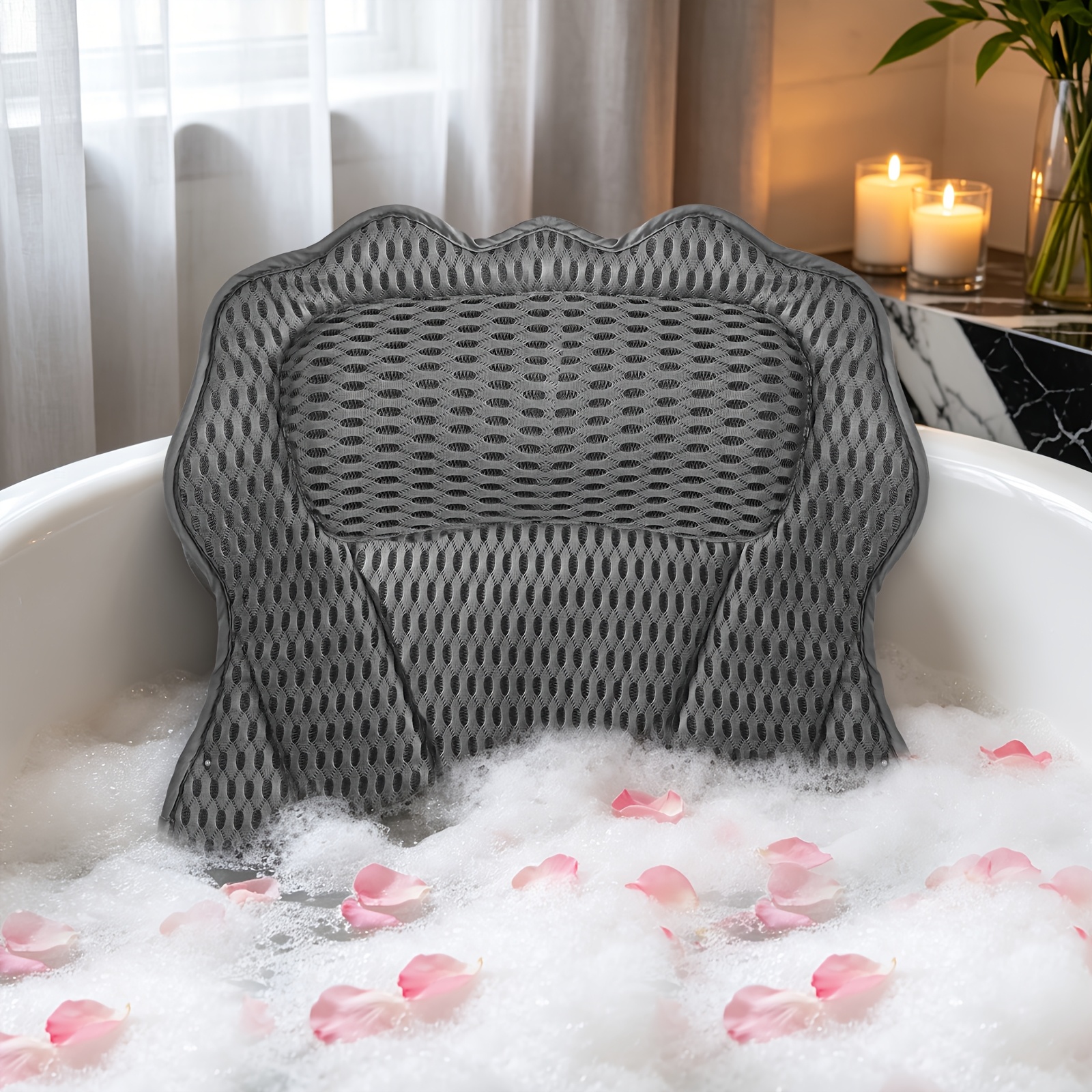 1pc Spa Bathtub Pillow, Quick-dry 4d Fabric, With Hook Design, Ergonomic, Gray And White, Valentine's Day Gift, Bathroom Accessory