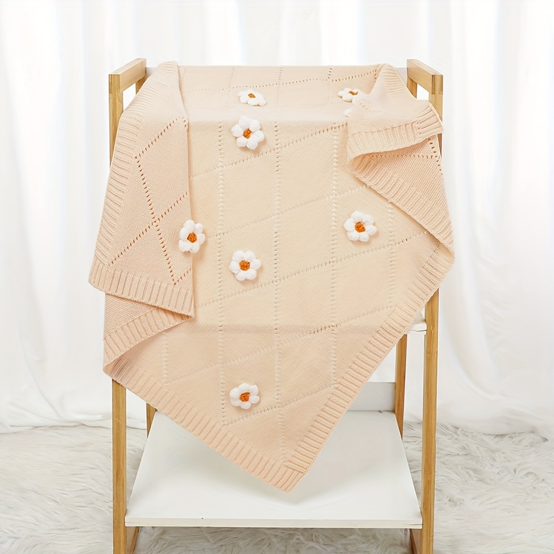 Cute Hand-Knitted Children's Blanket with Small Flower Design