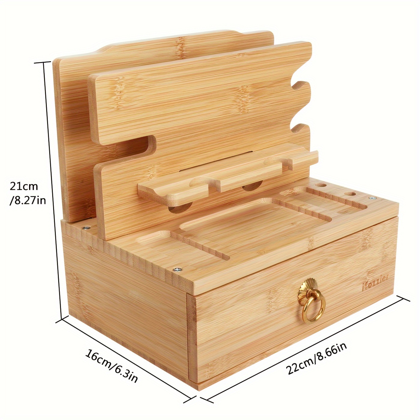 Support Double Téléphone en Bambou avec Tiroir, Porte-Clés, Porte-Montre,  Support de Bureau et Organisateur de Table, Organisateur d'Espace de Travail