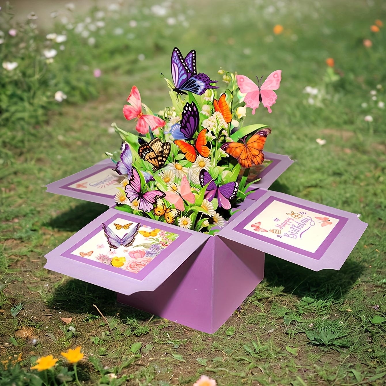 E-shop ., Lila Schmetterlingsblumen-Grußkarte, 3D Dreidimensionale , Pop-up Geburtstagsblumenbox, Herzliche Geburtstagskombination,