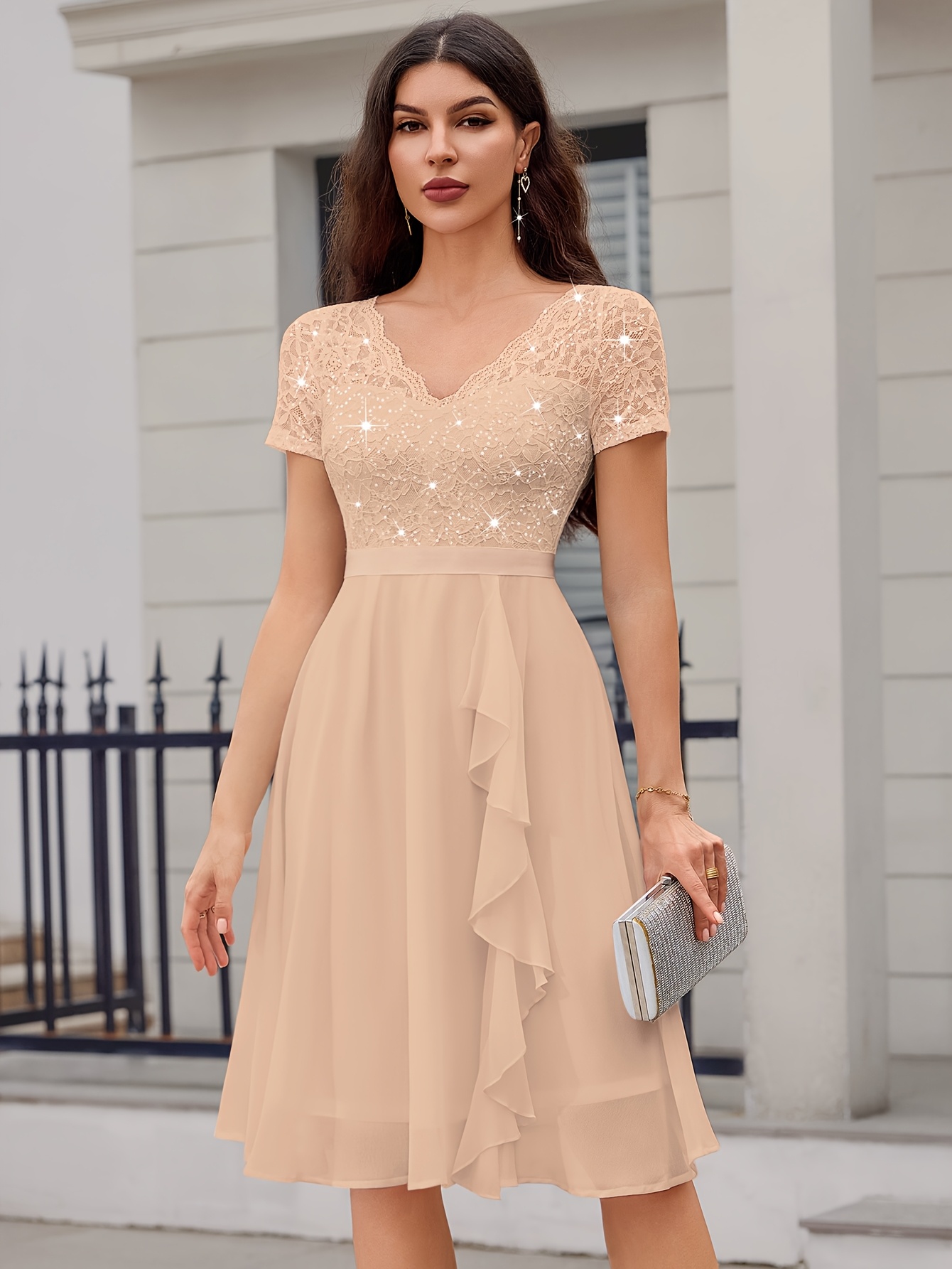 fancy graduation dress A Line V Neck Short Black Lace Prom Dresses, Black Short Formal Dresse –  jbydress main image 1
