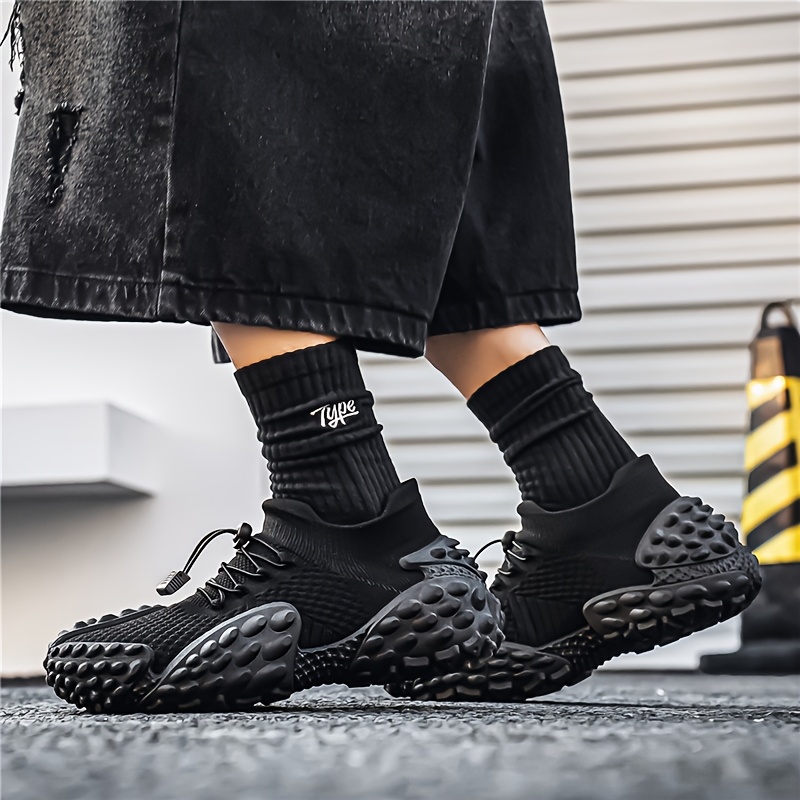 Sand-colored Knitted Mesh Outdoor Shoes with Particle Detailing, Low-Top Thick-Soled Dad Sneakers, Slip-On with Drawstring, Casual Breathable Athletic Running Shoes, Plus Size Men's Shoes