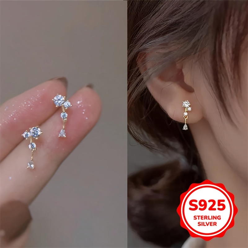 

1ga Pair Of S925 Silvery Simple Zirconia Pendant Gold Earrings For Women Girl Retro Fashion Trendy Tassels Earrings Birthday Daily Life Jewelry Gift