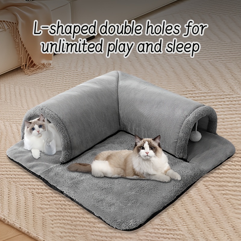 TEMU [holiday ] Detachable Cat Tunnel With Zipper – Interactive Play Mat For Cats, Soft Gray Funnel Design With Hanging Toy Balls, Indoor And