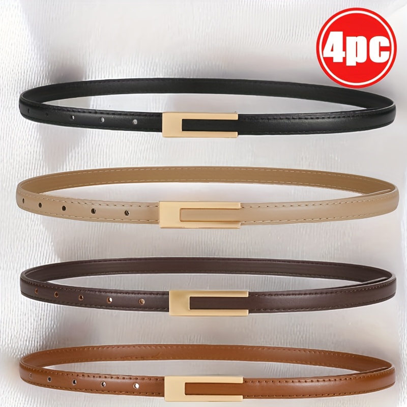 TEMU Four-piece Set, Women's Classic Solid Color Thin Faux Leather Belt, With Retro Metal , Easy And Casual, Suitable For Matching Jeans