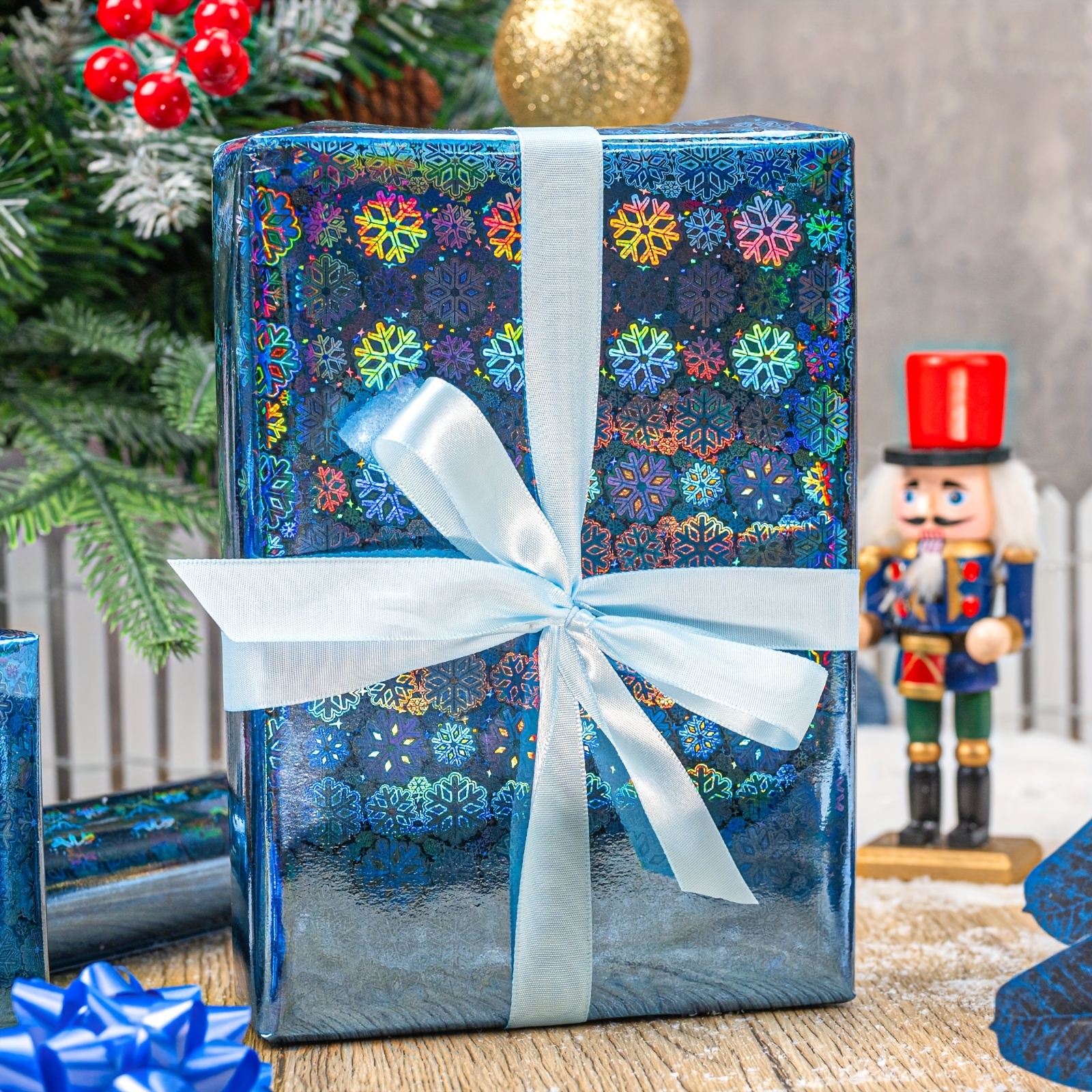 TEMU Blue Snowflake Wrapping Paper, 58*23inch Colorful Holographic Iridescent Christmas Wrapping Paper Roll For Winter Shower Holiday Celebration,