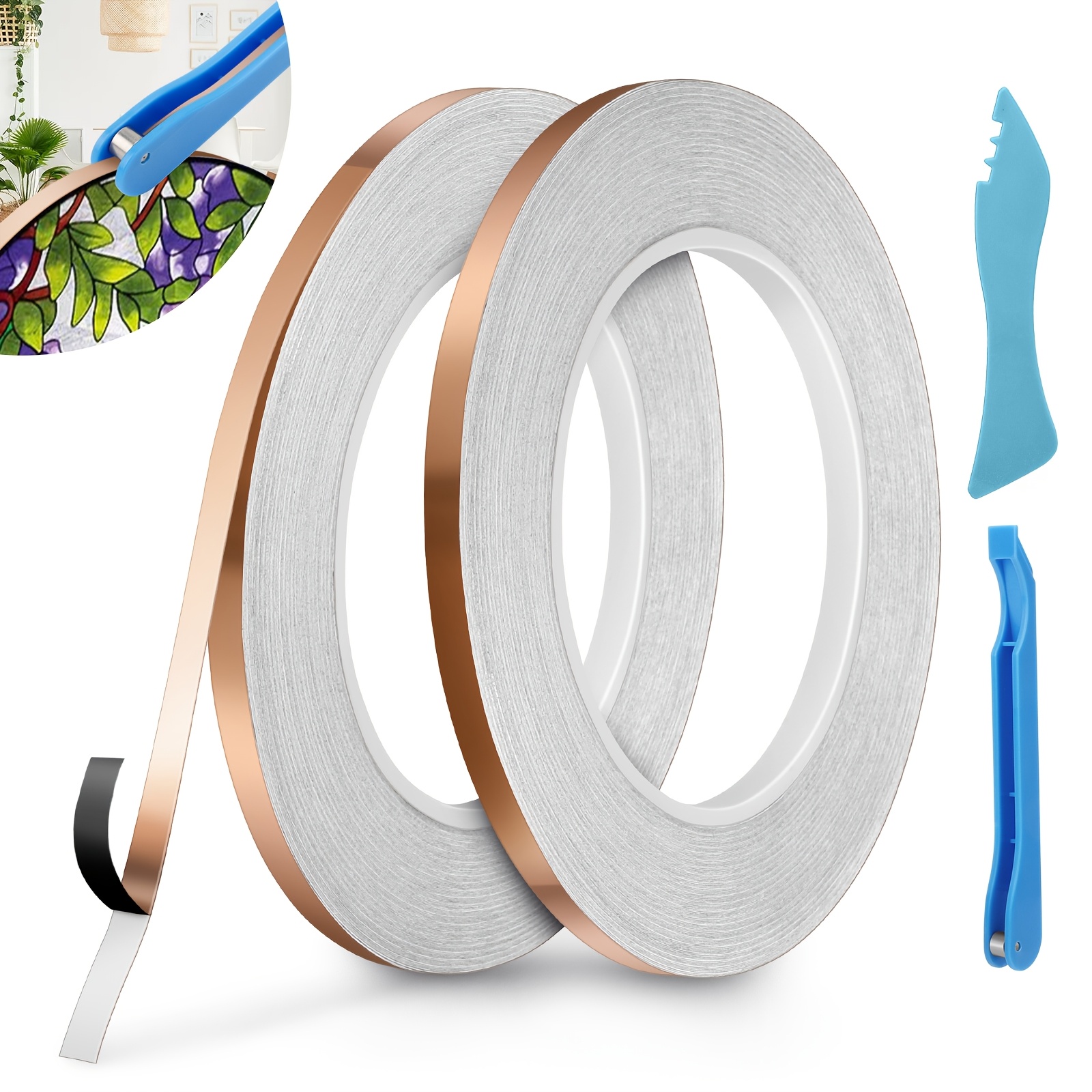 TEMU Stained Glass Copper Foil Sheets Kit, 2 Rolls Single-sided Copper Foil Tapes With Hand , For Mosaic Projects, Emi Shielding, Grounding, Diy