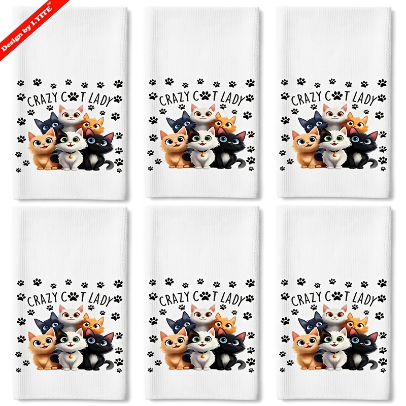 TEMU 6pcs Set Funny Kitchen Towels, Colorful Cats Printed Dishcloths - 16x24in Microfiber, Absorbent & Quick Drying, Contemporary Fantasy - Perfect