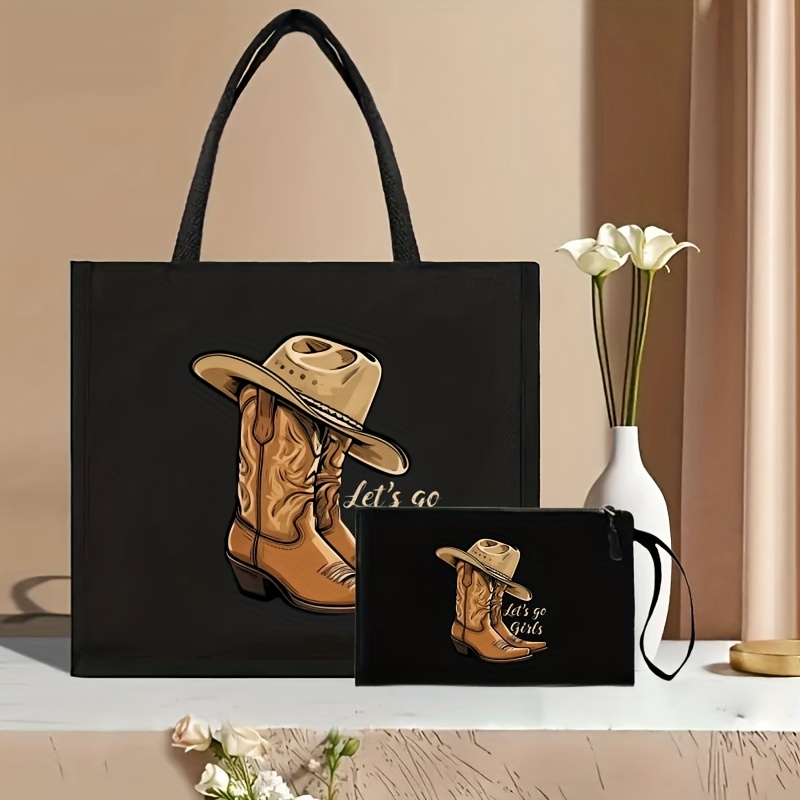 Image of 2pcs " Go " Patterned Tote Bag Set - Lightweight Burlap With An Adorable Coin Purse - Perfect For Shopping, Travel, And The Beach - Durable And Versatile