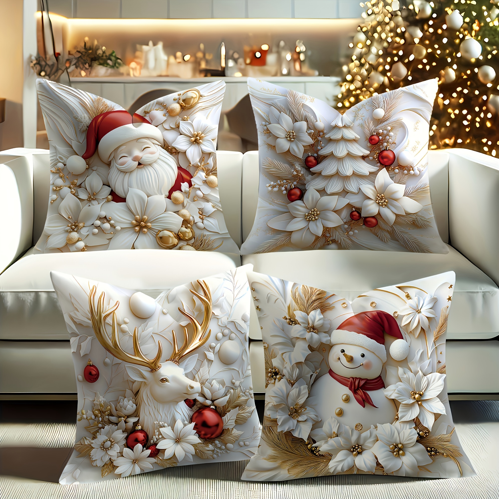 

Set Of 4 Christmas , , , Snowman, , , 3d Red And , , , Polyester, For And Bedroom Decor, Inserts Not Included