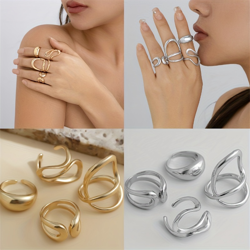 

Set Of 4 Alloy Irregular Hollow Geometric Adjustable Open Rings – Hop Style, No-mosaic Holiday Theme, Unique Simple Stackable Rings For Daily & Party Wear, Valentine's Day Gift – All