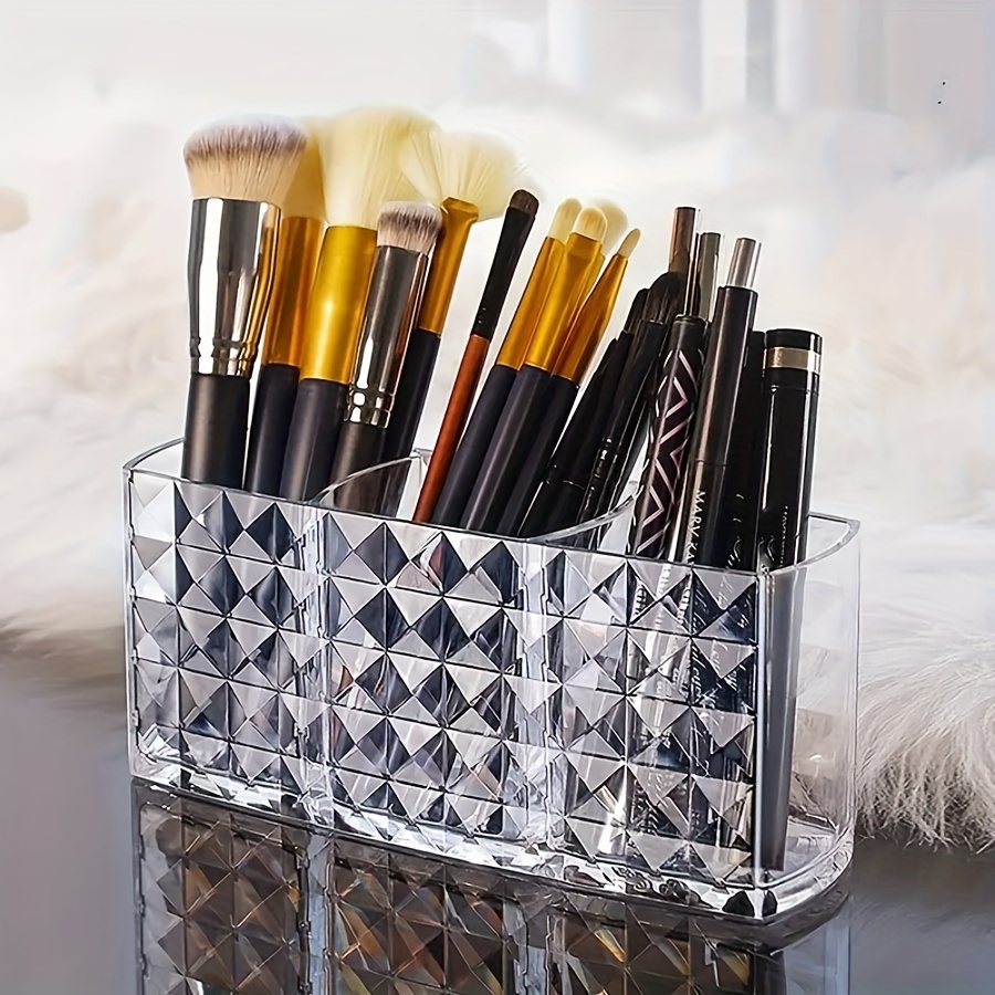 

1pc Luxury Diamond Pattern Thickened Clear 3-slot Cosmetic Organizer - Plastic, Lightweight, No Power Required, Desktop Makeup Brush And Eyebrow Pencil Holder