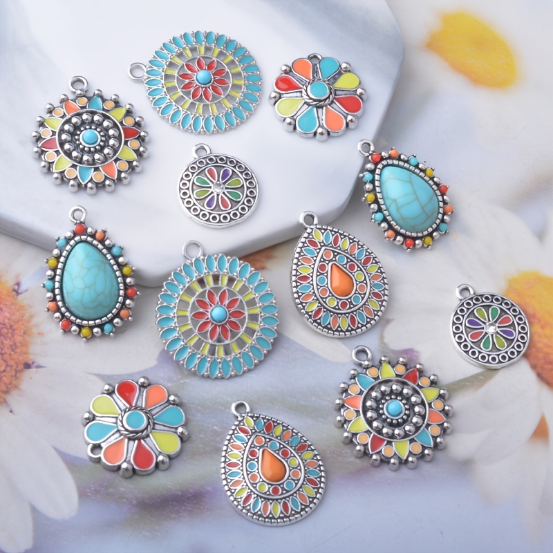 TEMU 12pcs/lot Summer Ancient Silvery Sunflower Enamel Small Women Charms Alloy Ear Pendant Set Diy Bohemian Style Jewelry Earring Components
