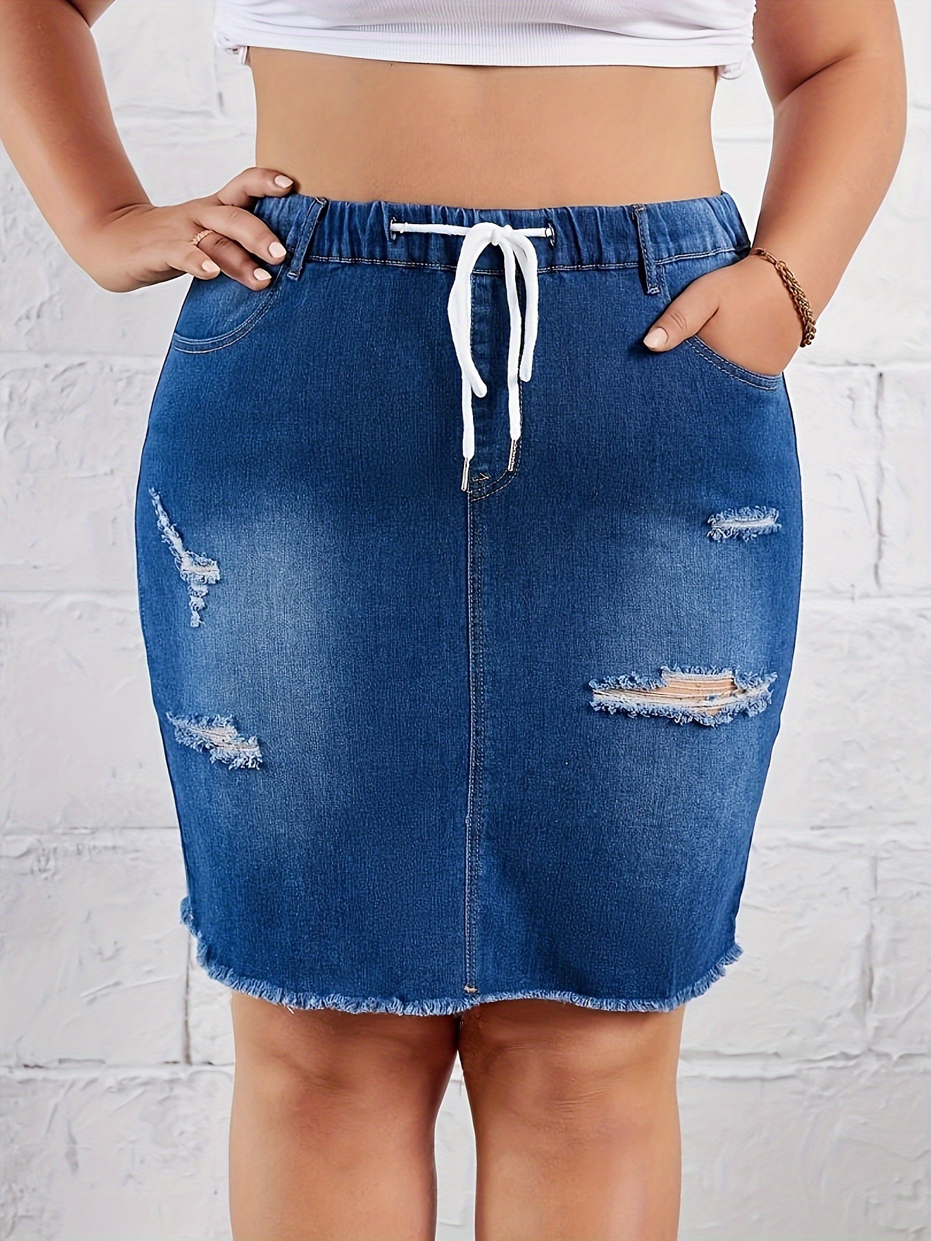 Plus Size Denim Skirt Ripped Drawstring Elastic Waist Plain Washed Blue Hem Women s Denim Skirt