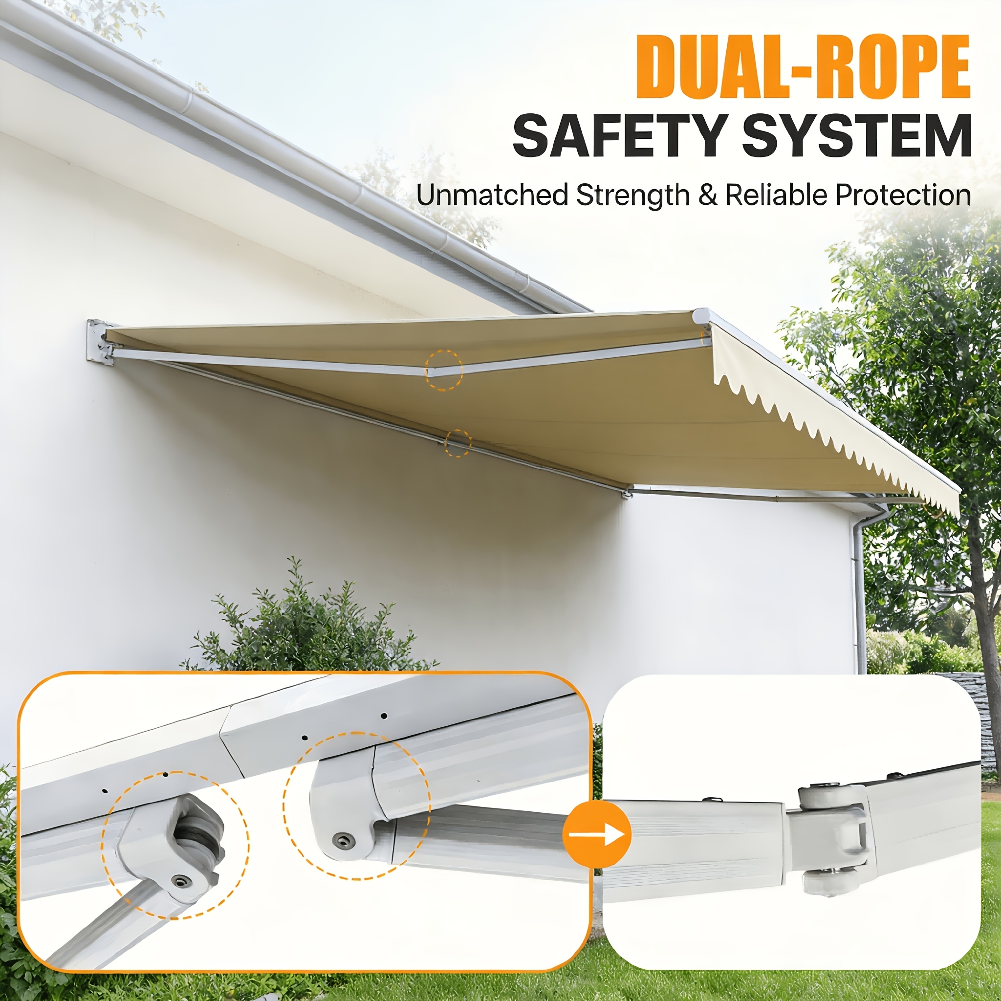 12x10ft Heavy-Duty Manual Retractable Awning with Wall Mount - Outdoor Patio Canopy, Beige Suitable for Balcony, Deck, Poolside Shade, Fabric & Frame, Installation