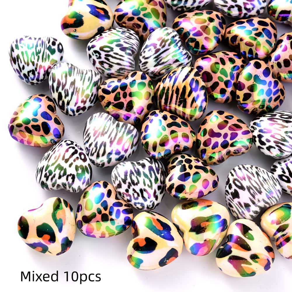 TEMU 10 pièces Lot de Perles Acryliques 19x20mm - Imprimé Léopard et Accessoires de Cœur, Idéal pour DIY Stylos, Boucles d'Oreilles, et Création de