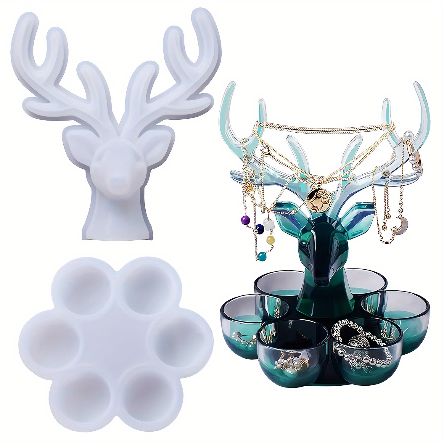 E-shop 2er-Set Hirschförmige Aufbewahrungsboxen Silikonformen, Schmuckdisplaytablett mit Hirschkopfform für Kosmetik, 6 schalenförmige Boxen, für