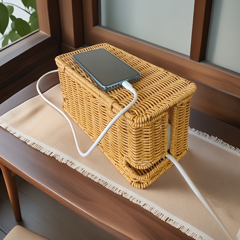 

1pc Hand Woven Rattan Style Desktop Cable Organizer With Lid - Lightweight Plastic Makeup Storage Box, Countertop Mount, Spraying , Power Cord Hider For Office And Home