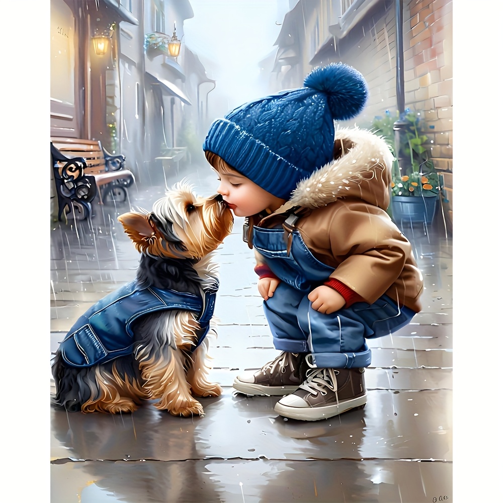 TEMU 2d Flat, 1pc Wooden Framed Canvas Painting [ Paint By Number] Paint By Number Children And Puppies, Works , Gifts 12x16x0.6inch/ 30x40x1.5cm