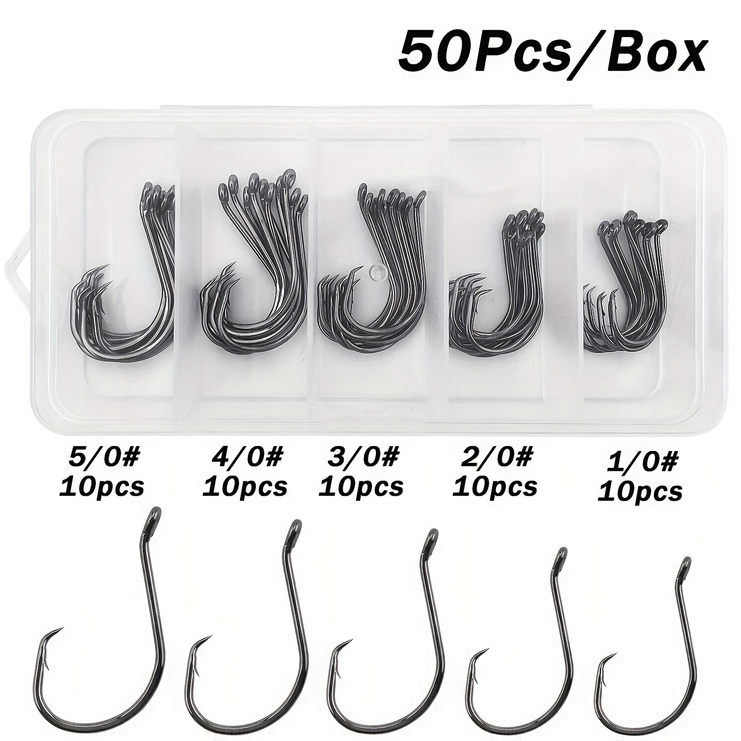 Image of 50pcs/box Fishing Circle Hooks, 2x Strong Bait Texas Rig Jig Hooks For Trout, Fishing Tackle For , Size: 1/0 2/0 3/0 4/0 5/0