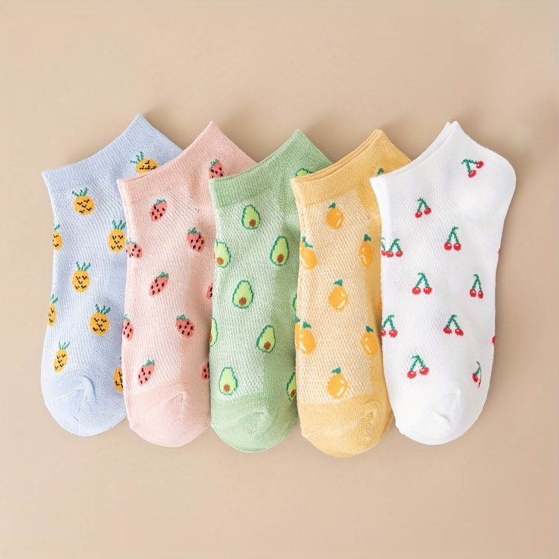 

5 Pairs Cartoon Fruit Print Socks, Cute & Cut Ankle Socks, Women's Stockings & Hosiery