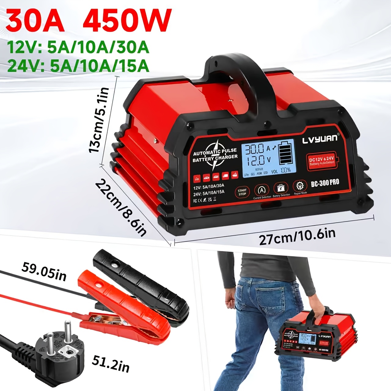 Image of Battery Charger 30a, 12v/24v Lead Acid Smart Battery Charger, 12v Lifepo4 Car Battery Trickle Charger, Automatic Battery Maintainer For Car Motorcycle Lawn Mower Marine Boat Lead Acid Batteries