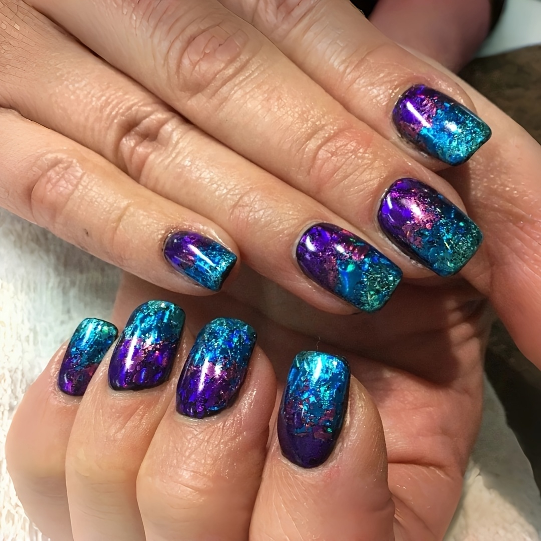 TEMU 24pcs Medium European Square Fake Nails, Blue-purple Shimmering Contrast Color Pattern Press-on Nails Design, Glossy Manicure Patches, Removable