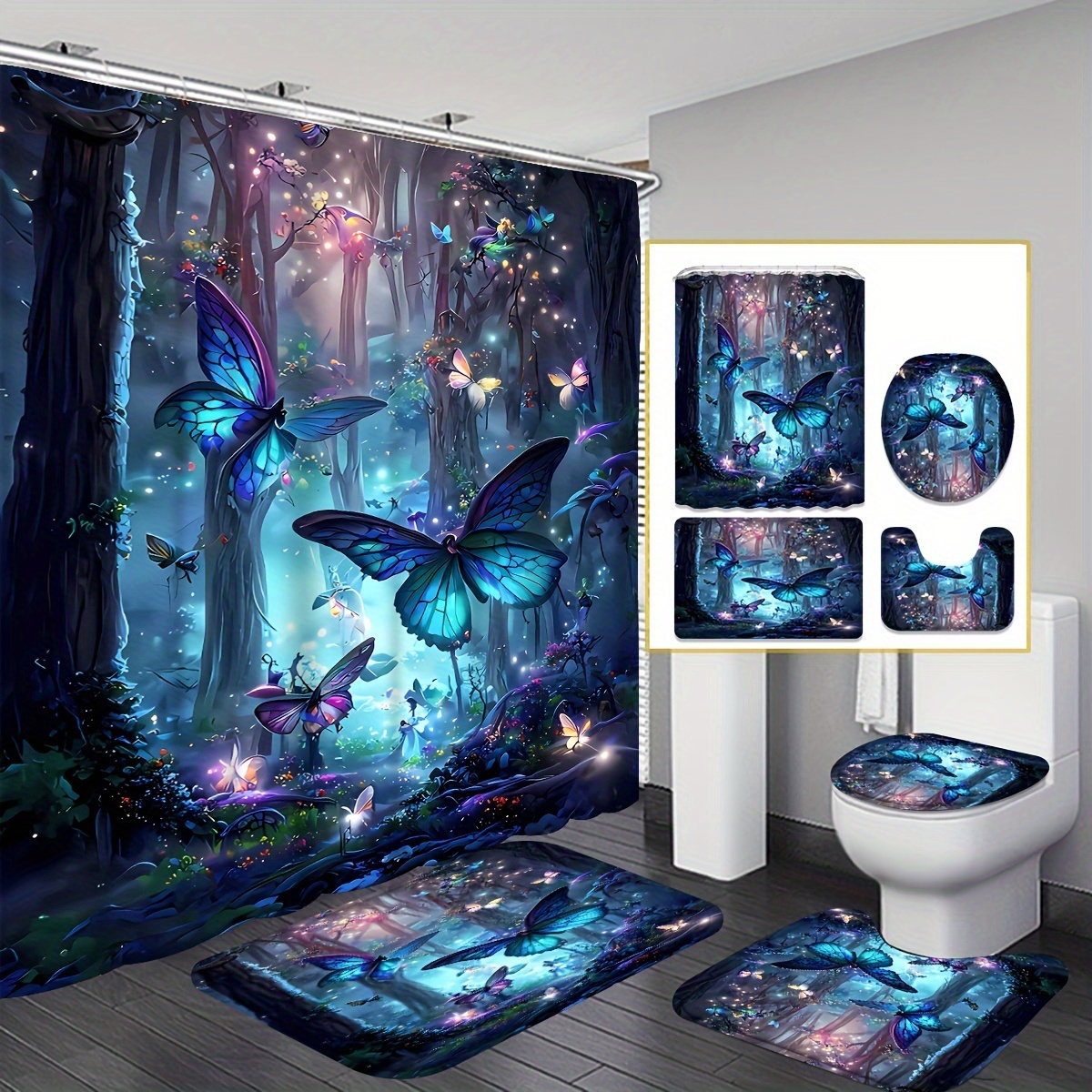 

4pcs Shower Curtain Set, Bathtub Waterproof Shower Curtain, Waterproof Bathroom Curtain With 12 Hooks, Non-slip Bath Blanket, Toilet U-shaped Mat, Toilet Lid Cover Mat, Decorative Bathroom Set