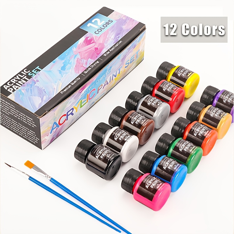 TEMU 12 Colors Acrylic Paint Set With 2pcs Paint Brushes, Art Craft Paints For Artists, Hobbyists & Painters, Acrylic Paints Painting On Canvas