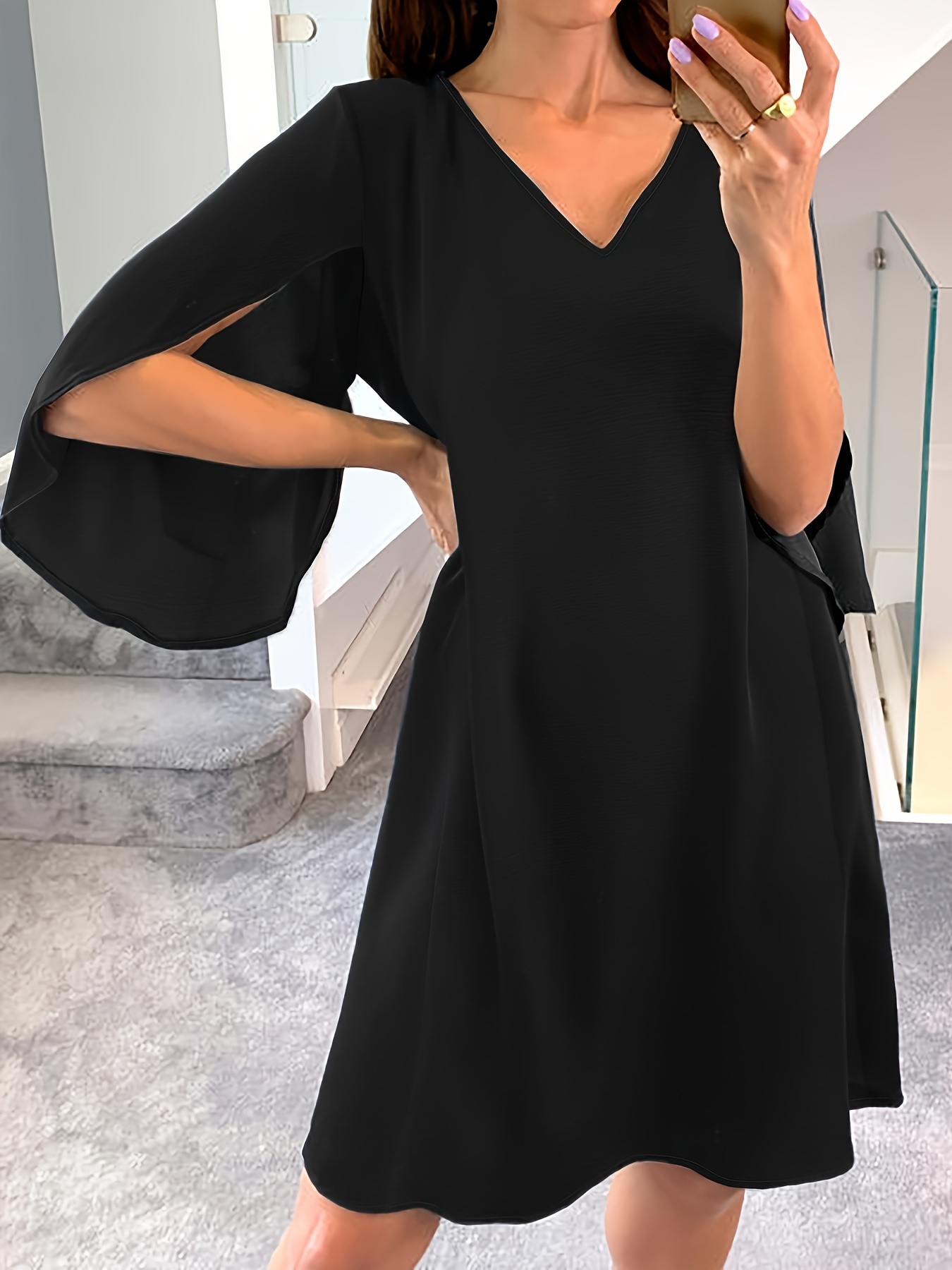 Summer Women's Casual Dress Plunging Solid Cape Short Black Dress