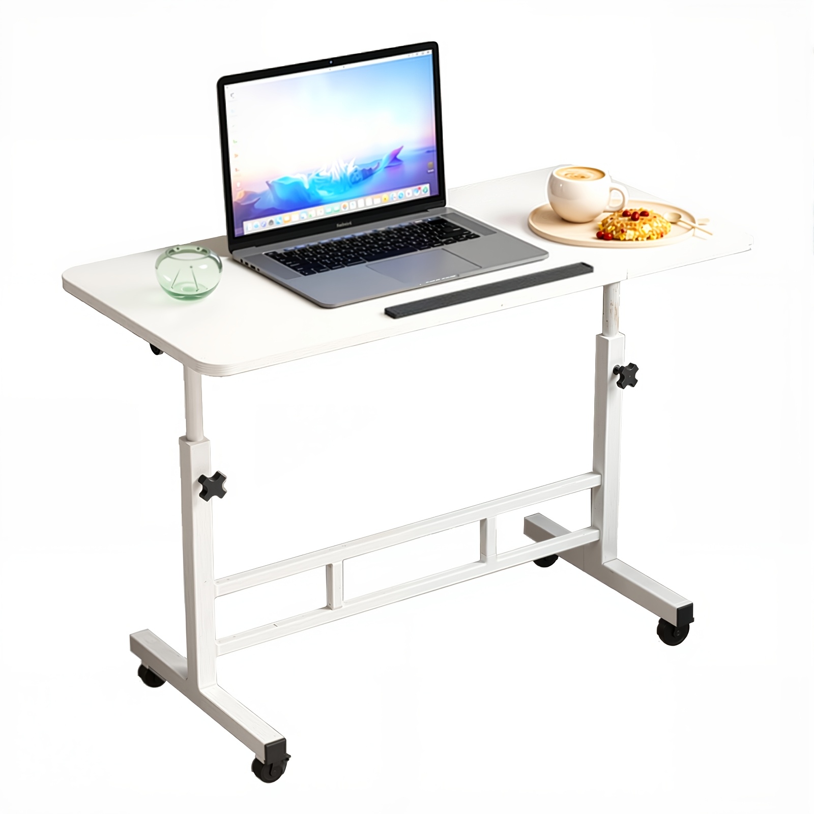 Height-adjustable Mobile Computer Desk With Lockable Wheels, 180° Tabletop Rolling Overbed Laptop Desk, Portable Standing Workstation For Home Office, Bedroom & Sofa Side