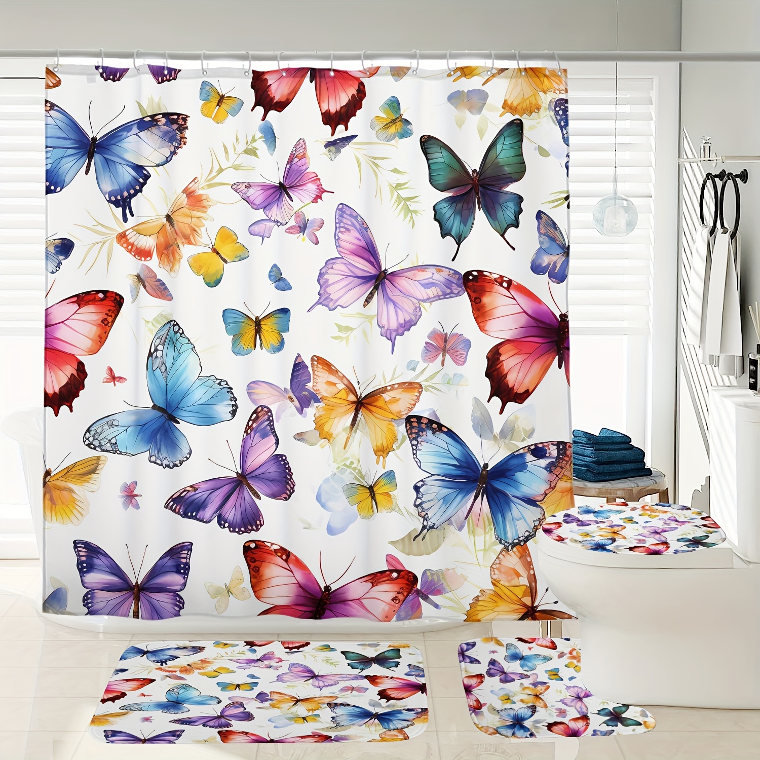 

1/3/4pcs Butterfly Pattern Shower Curtain Set, Waterproof And Mildew Resistant Shower Curtain With 12 Hooks, Non-slip Bath Mat, U-shaped Toilet Mat, Toilet Cover Mat, Bathroom Accessories, Home Decor